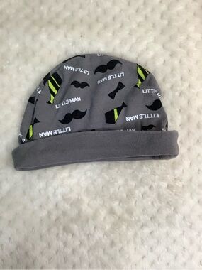 Grey Baby Beanie Hat with Lime Accents and 'Little Man' Print